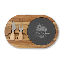 Engraved Acacia Charcuterie Board with Slate Insert & Cheese Knives — Wine & Cozy Collection