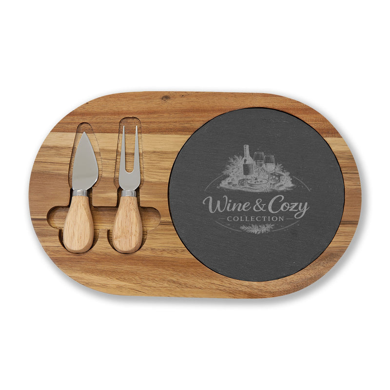 Engraved Acacia Charcuterie Board with Slate Insert & Cheese Knives — Wine & Cozy Collection