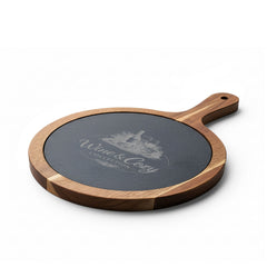 Engraved Acacia Charcuterie Board with Slate Insert & Cheese Knives — Wine & Cozy Collection