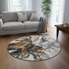 Abstract Earth-Tone Round Rug — Original Teal Accent Artwork