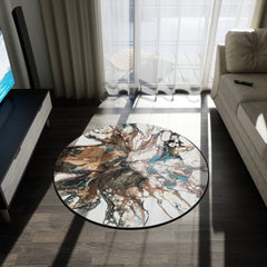 Abstract Earth-Tone Round Rug — Original Teal Accent Artwork