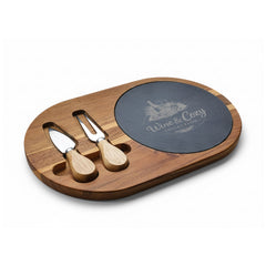 Engraved Acacia Charcuterie Board with Slate Insert & Cheese Knives — Wine & Cozy Collection